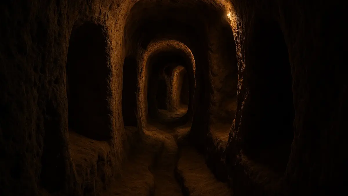 Ingresso stretto e cunicolo della città sotterranea di Derinkuyu in Cappadocia