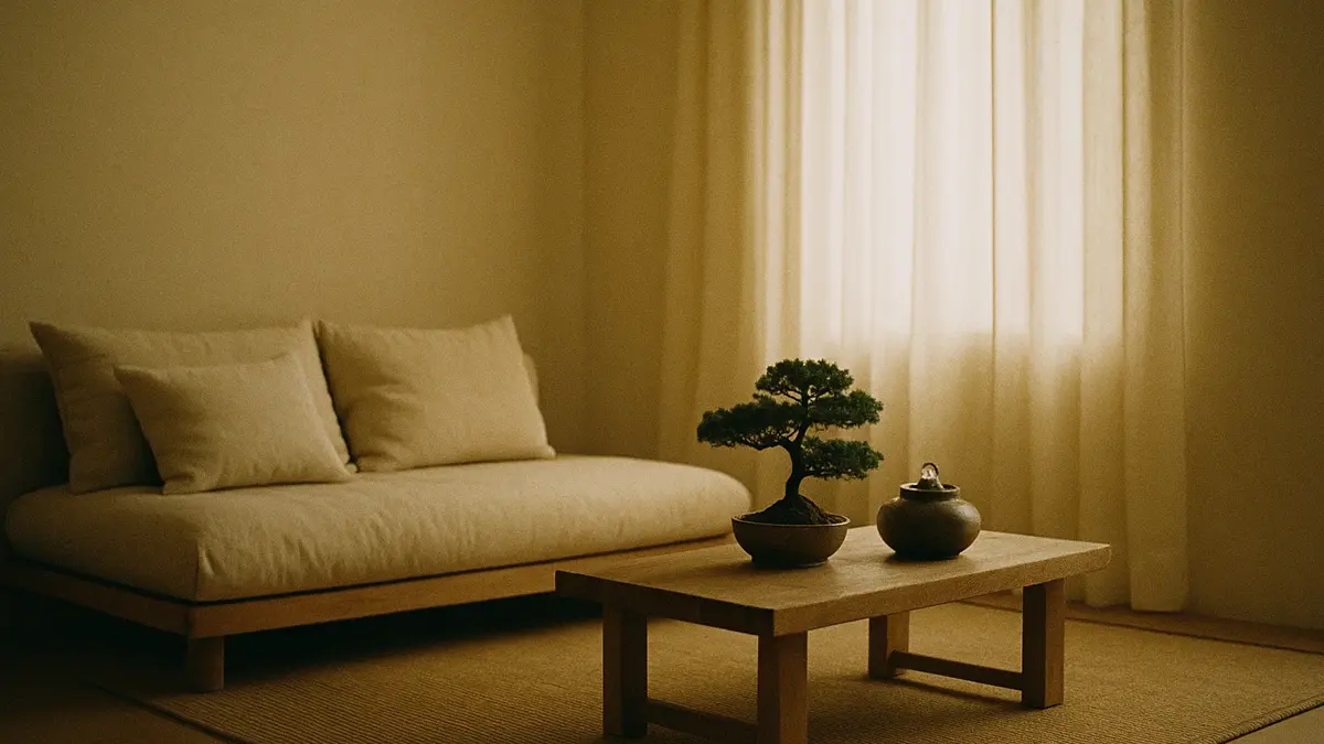 Interni in stile Zen soggiorno minimalista con luce naturale soffusa