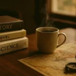 Libri impilati su una scrivania con una tazza di caffè e una mappa