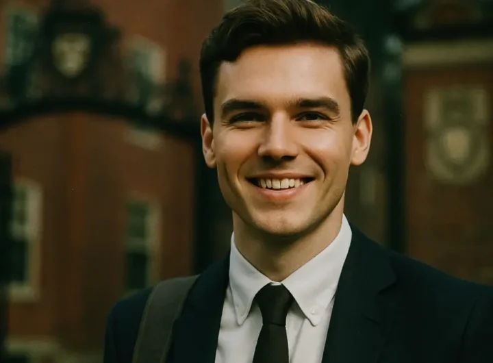 Logo Harvard University accanto a un giovane studente internazionale sorridente che regge un libro