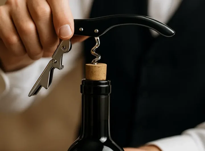 Mano che usa un cavatappi da sommelier a doppia leva per estrarre delicatamente un tappo di sughero