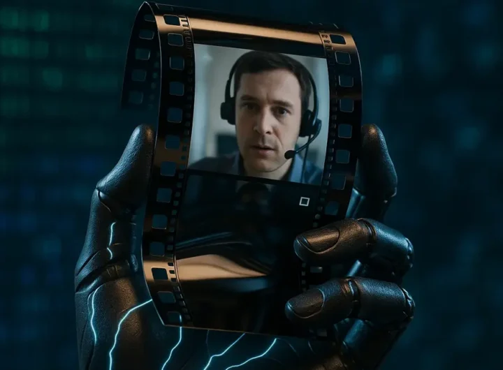 Mano robotica AI che tiene una pellicola video deepfake