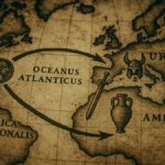 Mappa antica e stilizzata con rotte oceaniche che collegano Europa al Nord e Sud America