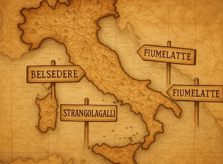 Mappa stilizzata dell'Italia con puntatori che indicano città dai nomi curiosi