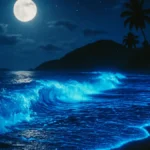 Mare che brilla di notte onde blu elettrico illuminate dalla bioluminescenza