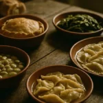 Minestra siciliana con spaghetti spezzati e foglie di tenerumi in ciotola rustica