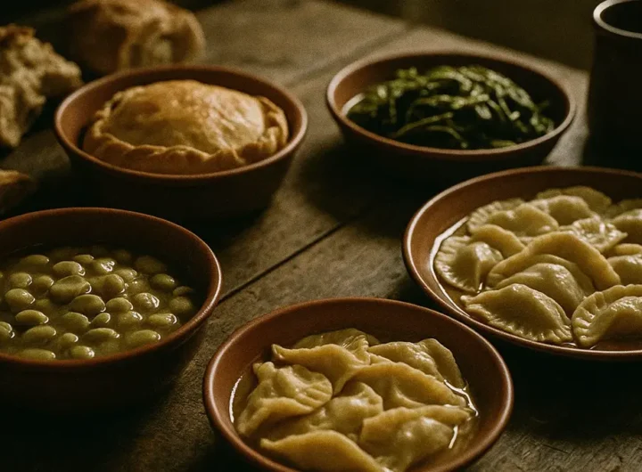 Minestra siciliana con spaghetti spezzati e foglie di tenerumi in ciotola rustica