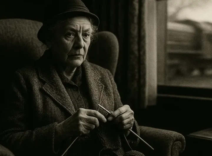 Miss Marple che lavora a maglia con un espressione astuta