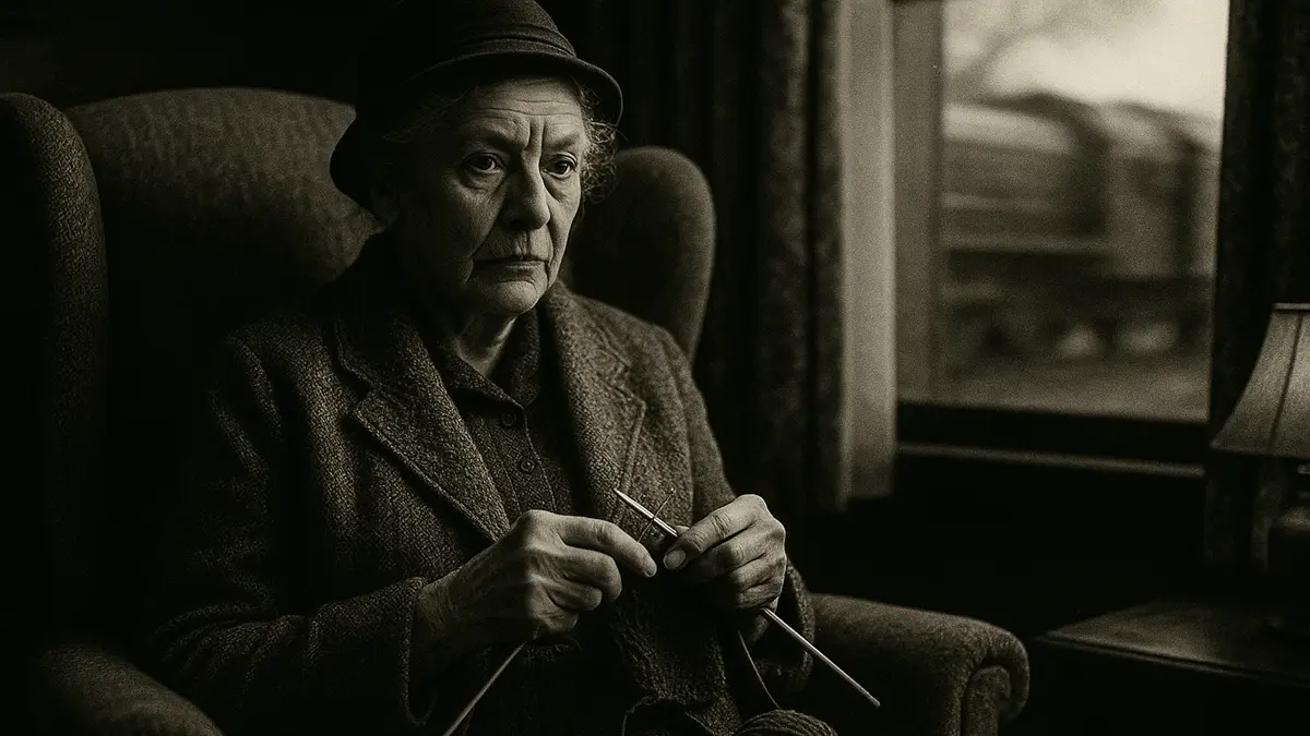 Miss Marple che lavora a maglia con un espressione astuta