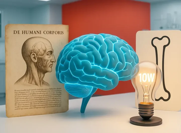 Modello stilizzato di cervello umano illuminato affiancato da antiche icone mediche