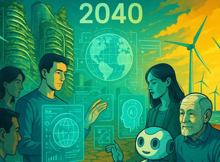 Mosaico futuristico che rappresenta il mondo nel 2040