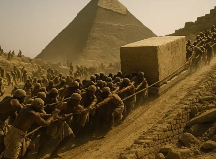 Operai egizi trainano un massiccio blocco di calcare su una slitta di legno