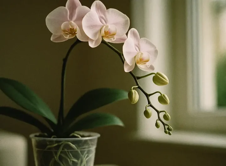 Orchidea Phalaenopsis con molti boccioli chiusi e pochi fiori aperti
