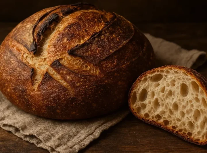 Pagnotta tonda di pane con lievito madre con crosta scura