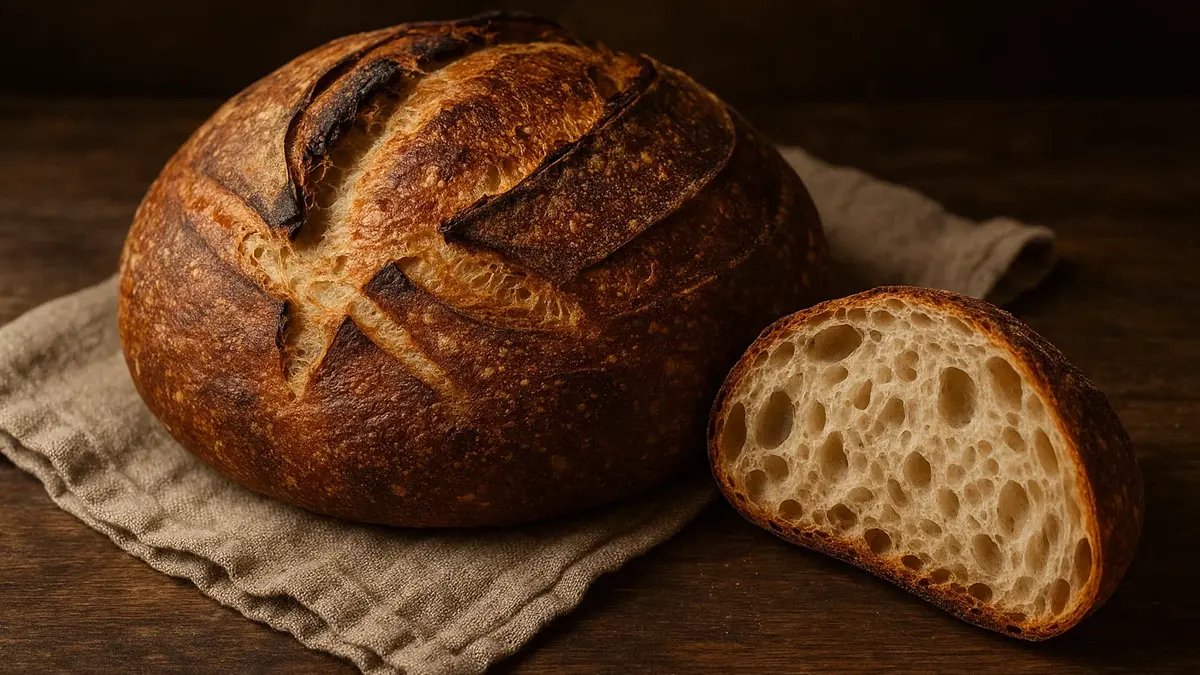 Pagnotta tonda di pane con lievito madre con crosta scura