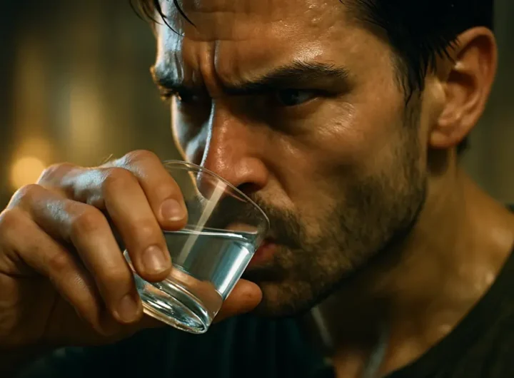 Persona che beve acqua velocemente per far passare il singhiozzo