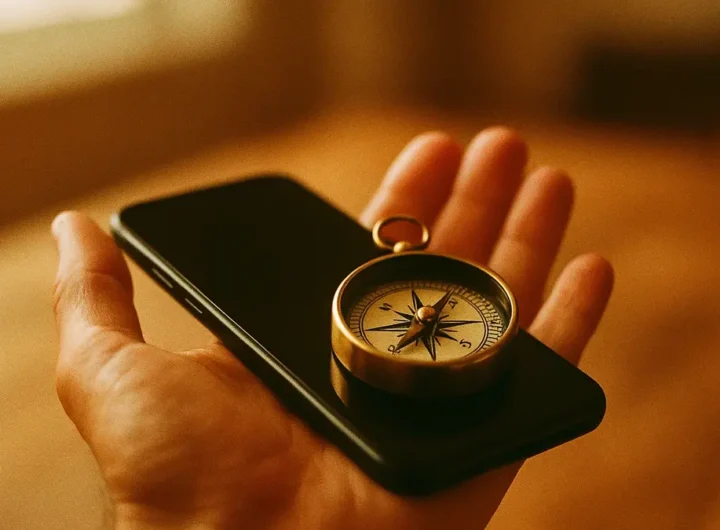 Persona che tiene uno smartphone e una bussola