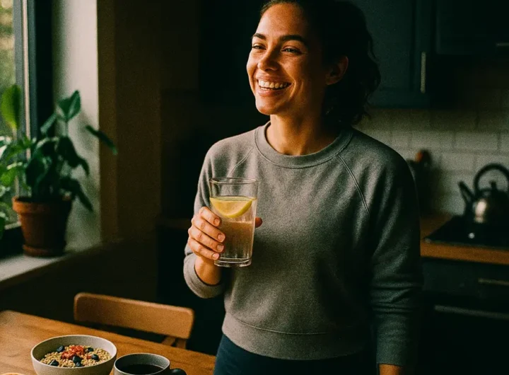 Persona sorridente al mattino mentre beve acqua al limone in cucina luminosa