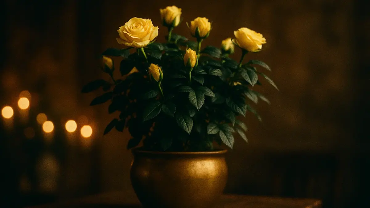 Pianta di rosa gialla in vaso decorativo dorato