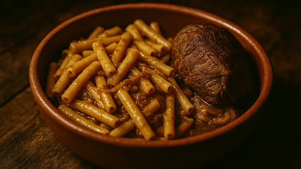 Piatto di ziti conditi con ragù alla genovese napoletana