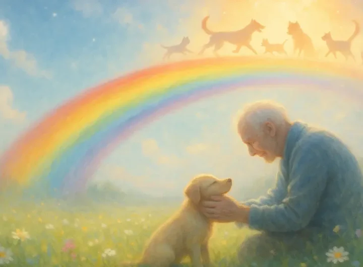 Ponte arcobaleno che collega le nuvole a un prato verde