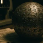 Primo piano dei simboli incisi sulla sfera metallica extraterrestre