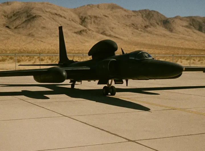 Primo piano del muso nero lucido di un aereo spia U-2