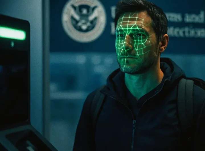 Primo piano del volto di un viaggiatore scansionato