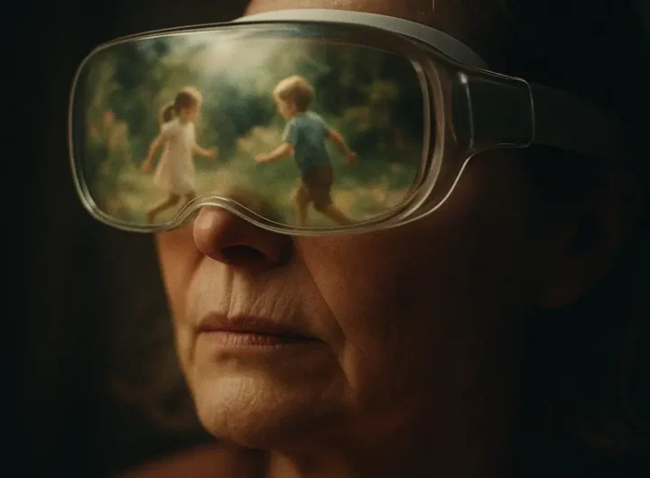 Primo piano del volto di una persona che indossa un visore per Realtà Virtuale