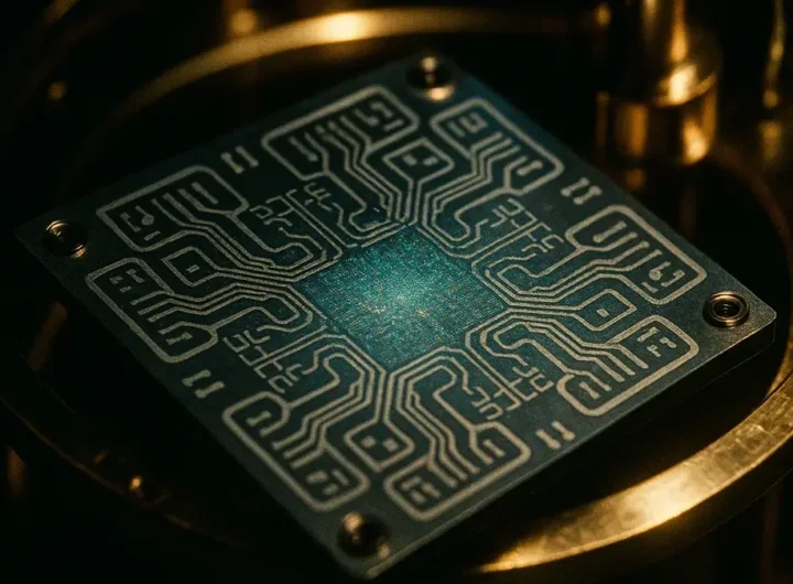 Primo piano di un chip quantistico superconduttore immerso in una camera criogenica