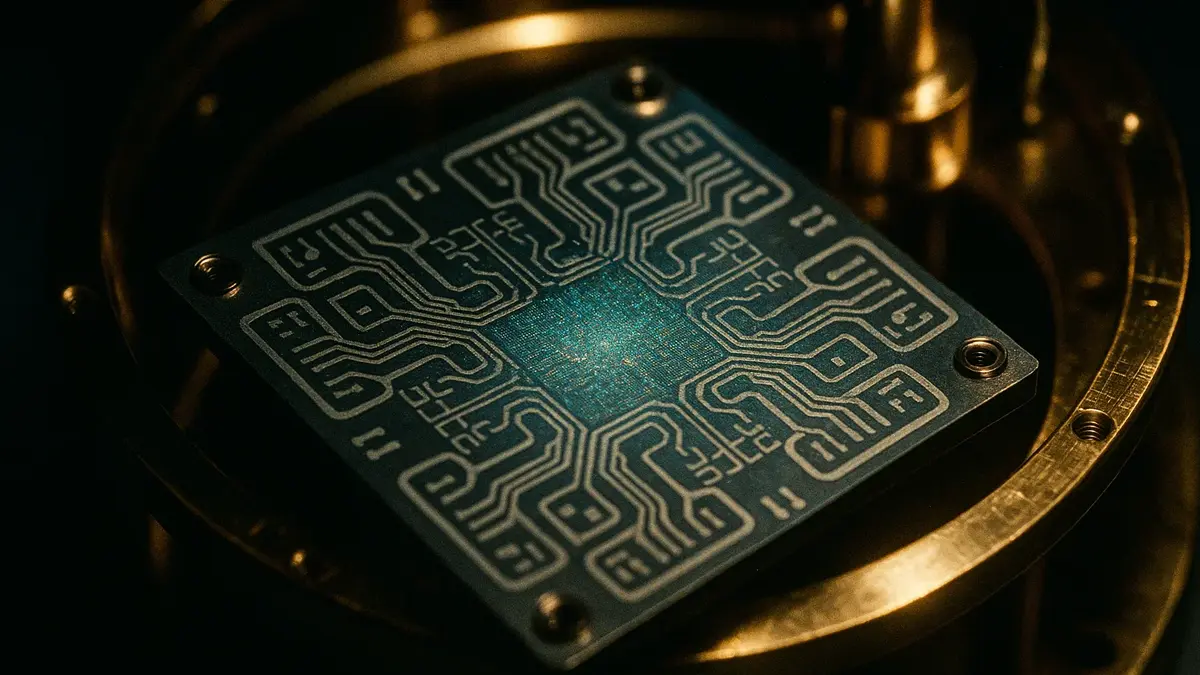 Primo piano di un chip quantistico superconduttore immerso in una camera criogenica