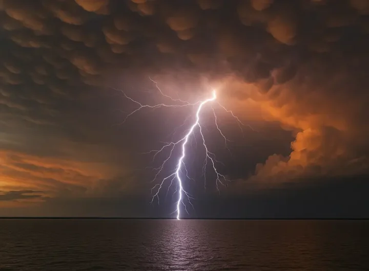 Primo piano di un fulmine del Catatumbo sul Lago di Maracaibo