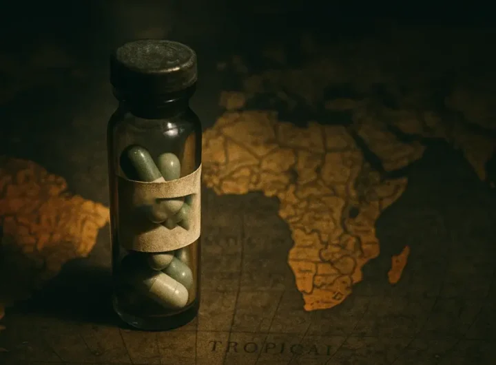 Primo piano di un microscopio con provette e una mappa del mondo sfuocata sullo sfondo