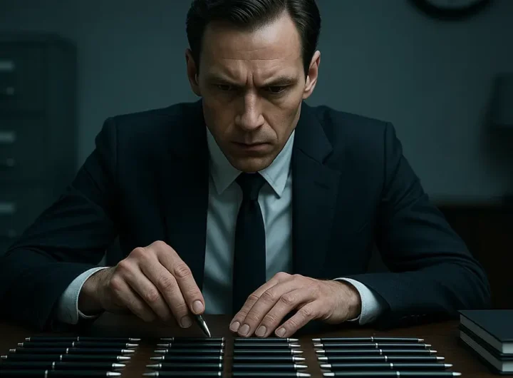 Primo piano di un uomo in giacca e cravatta che organizza pile di documenti sulla scrivania