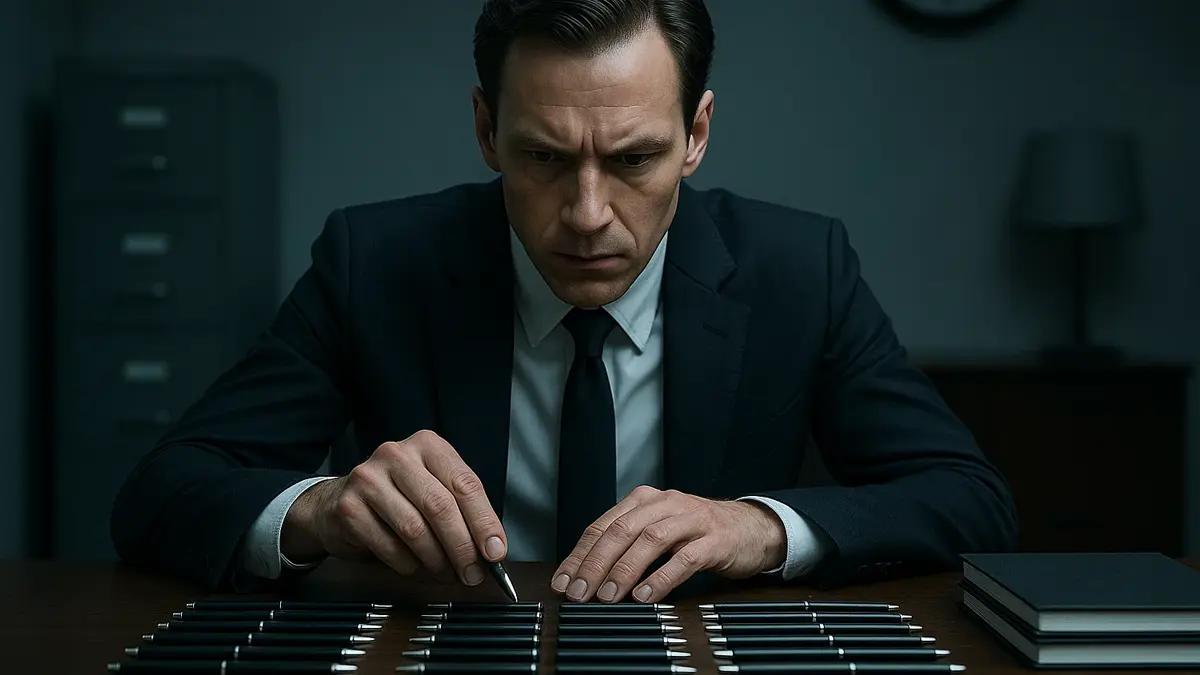 Primo piano di un uomo in giacca e cravatta che organizza pile di documenti sulla scrivania