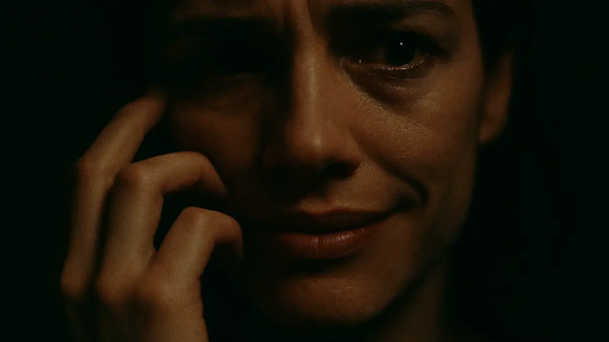 Primo piano di un volto in espressione dubbiosa con una mano che sfiora il naso