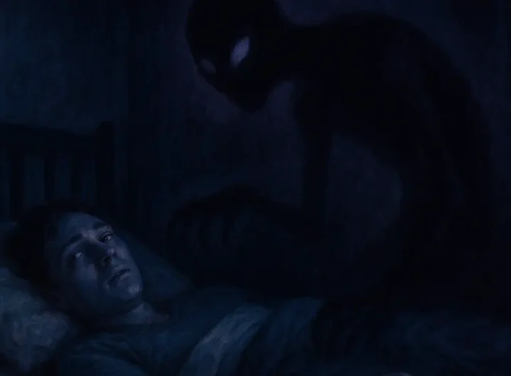 Primo piano di un volto parzialmente illuminato che giace a letto con espressione di lieve ansia