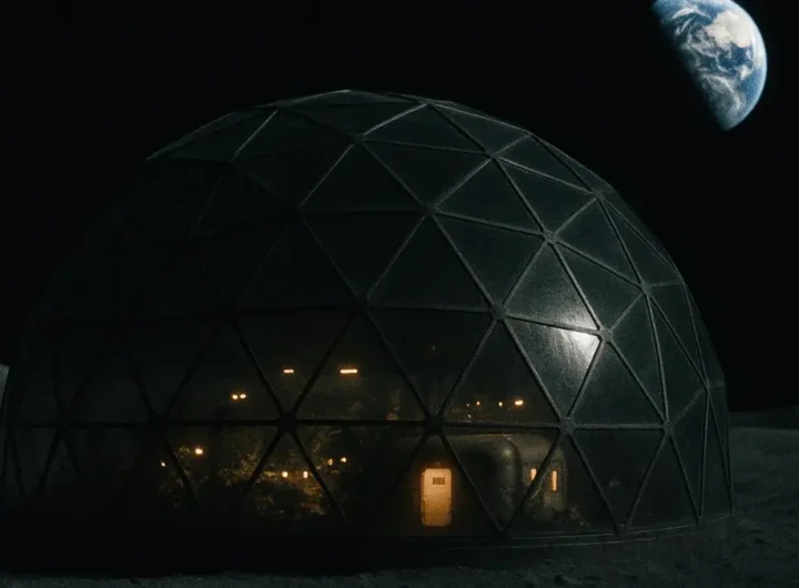 Primo piano di una cupola di vetro futuristica parzialmente interrata sulla superficie lunare