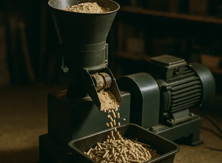Primo piano di una macchina per fare pellet domestica in azione