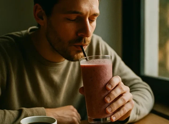 Primo piano di una persona che beve un frullato