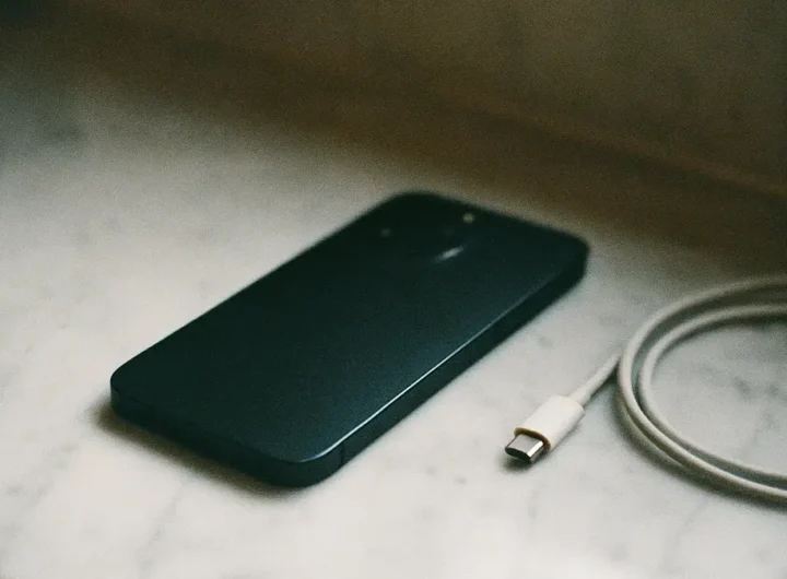 Primo piano di uno smartphone che si raffredda su una superficie di marmo freddo