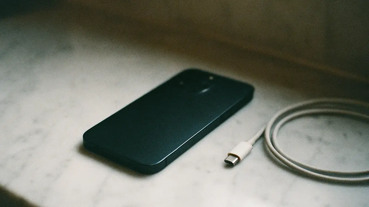 Primo piano di uno smartphone che si raffredda su una superficie di marmo freddo