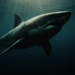 Primo piano in acqua di un grande squalo bianco che nuota in superficie