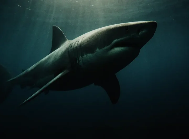 Primo piano in acqua di un grande squalo bianco che nuota in superficie