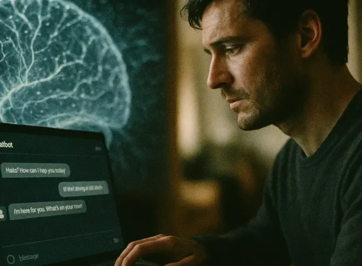 Primo piano su un utente che fissa intensamente uno schermo con un chatbot