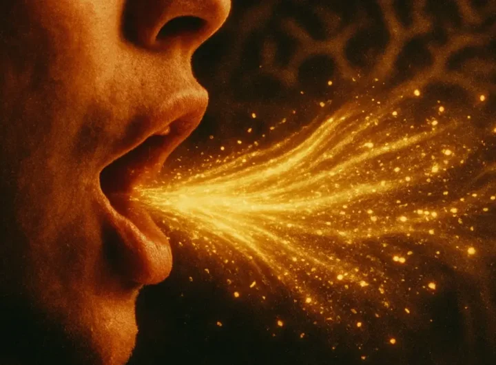 Primo piano su una bocca che parla con raggi luminosi che partono dalle labbra