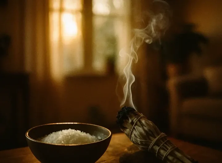 Primo piano su una ciotola di sale grosso e salvia bianca fumigante