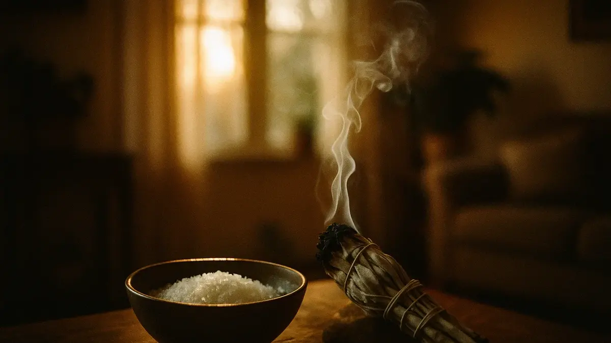 Primo piano su una ciotola di sale grosso e salvia bianca fumigante