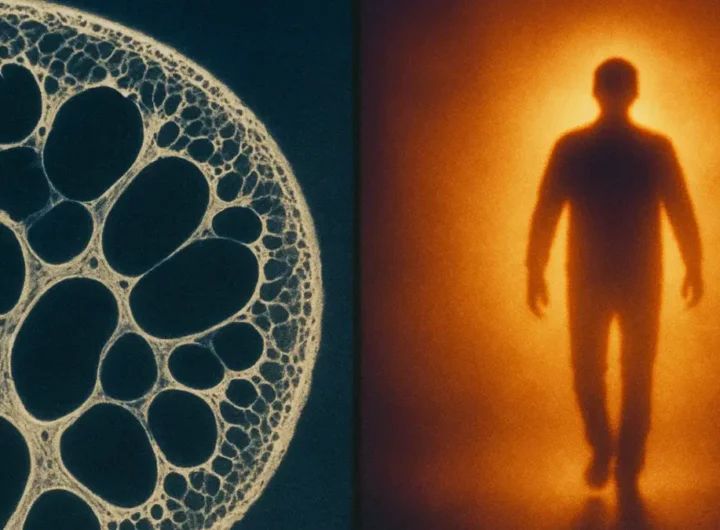 Radiografia che mostra uno scheletro intatto con una luce dorata che lo avvolge
