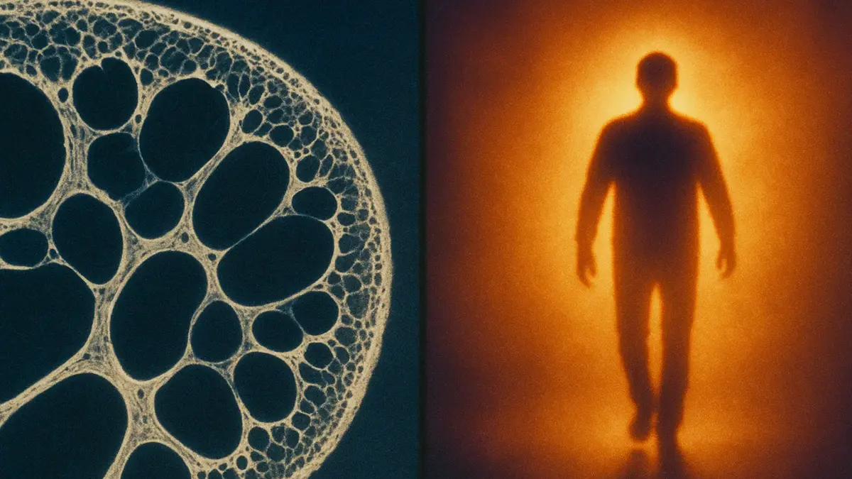 Radiografia che mostra uno scheletro intatto con una luce dorata che lo avvolge